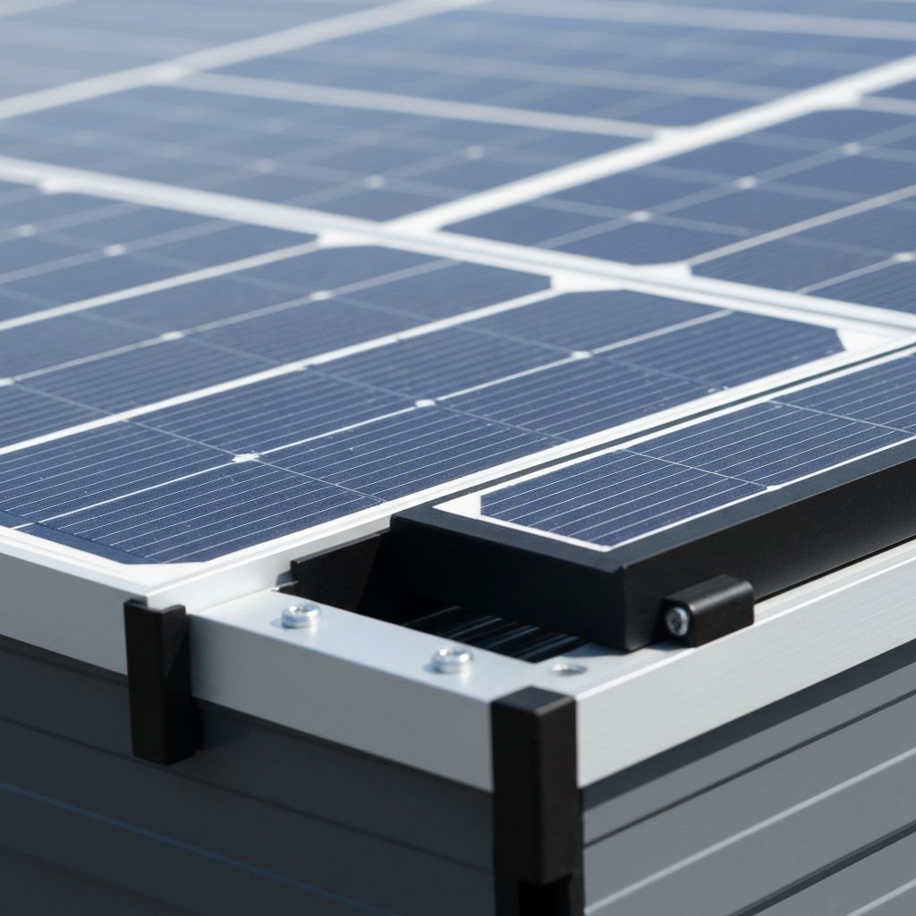 Détail du panneau solaire intégré au coffre du volet roulant