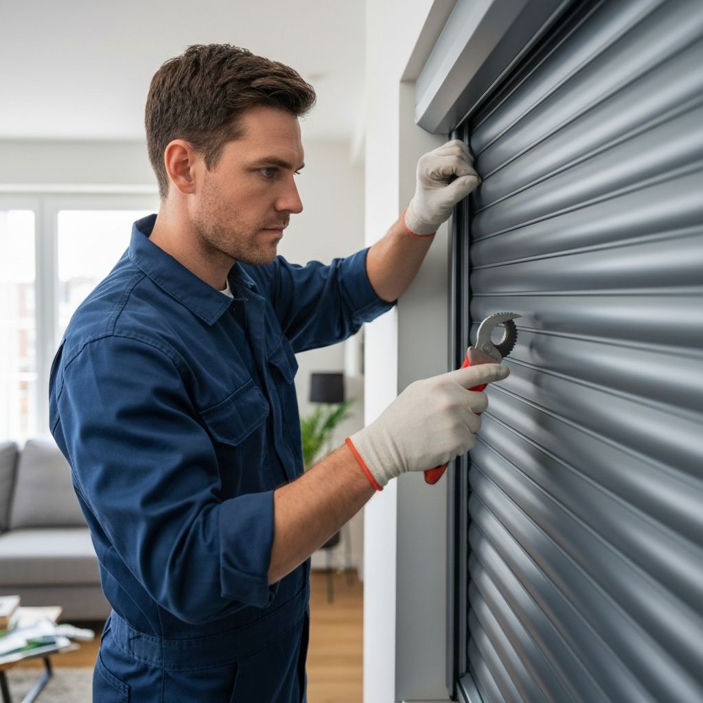 Technicien installant un volet roulant sur une fenêtre à Lyon